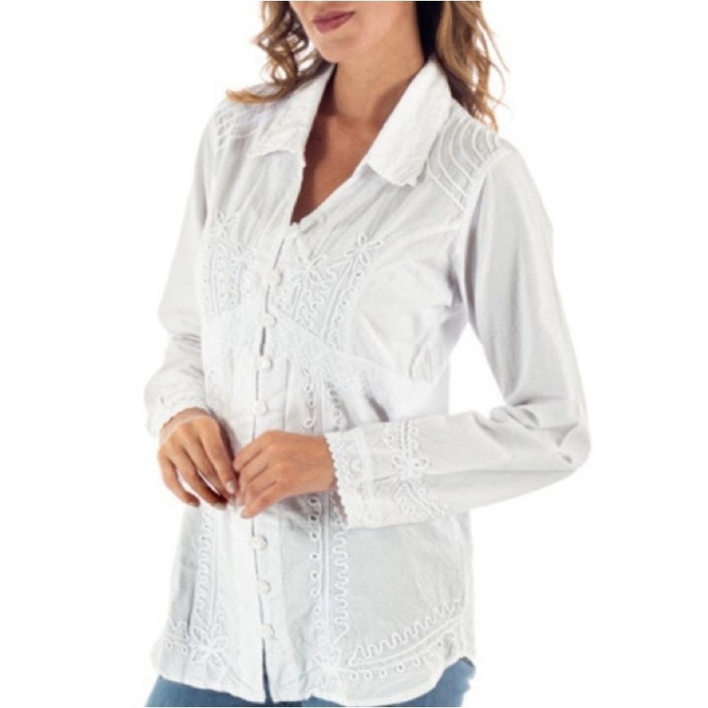 NOVICA Blouse Size XXL White Organic 100% Cotton Button‎ Front Embroidered Lace